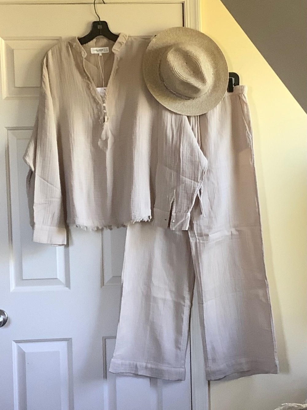 Pull & Bear 2 Piece Set Cotton Gauze Top And Wide Leg Pants Sand SZ L